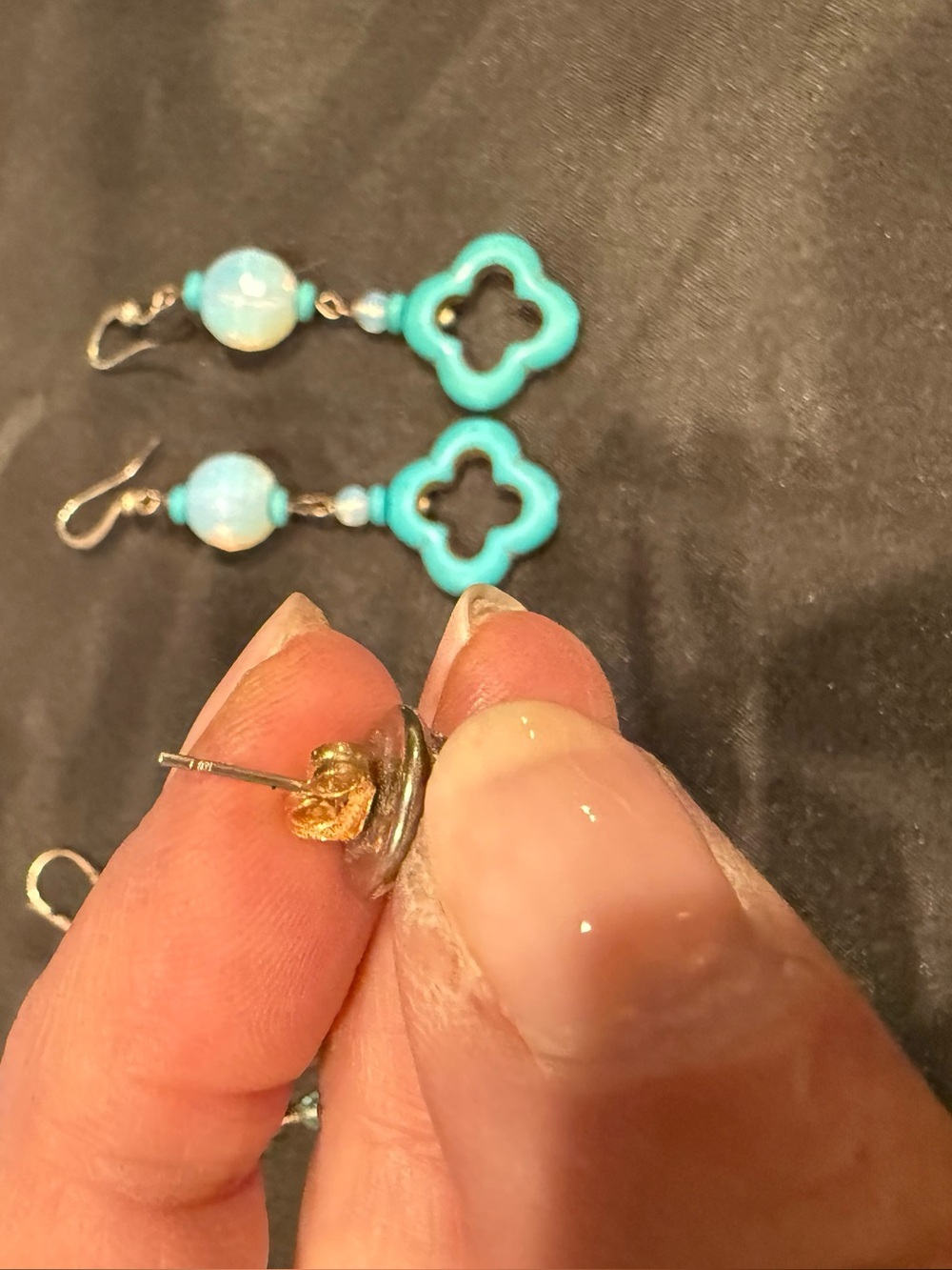3 Pairs Earrings Druzy Quartz Studs + Blue Topaz Crystal Drops +Turquoise Clover - Picture 12 of 13